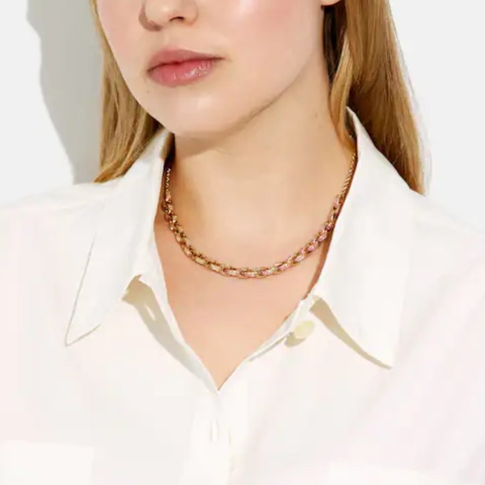 Coach Pave Signature Chain Link Necklace in Pink NWT